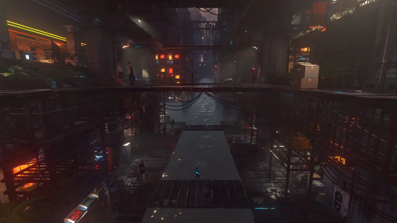 Official art: dim industrial interior with pipes and amber work lights