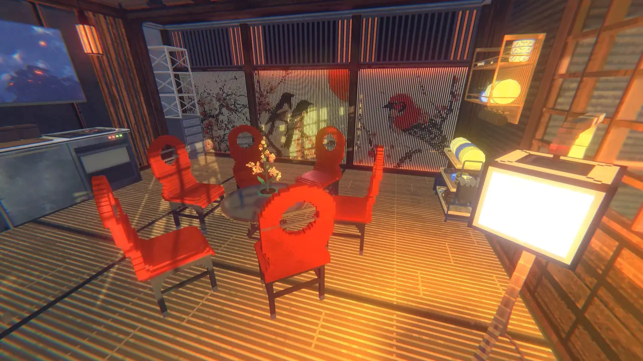 Official art: apartment living room with red chairs and an open kitchen