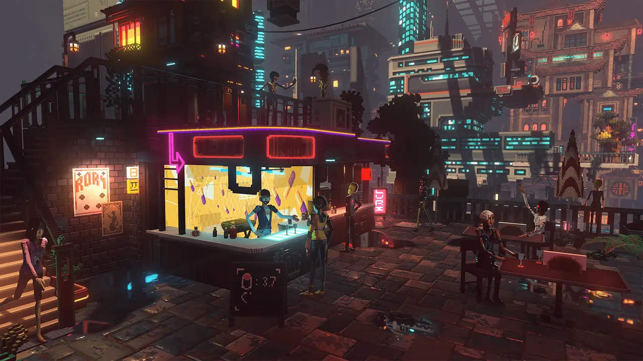 Official art: night canal with a lit boat and neon waterfront