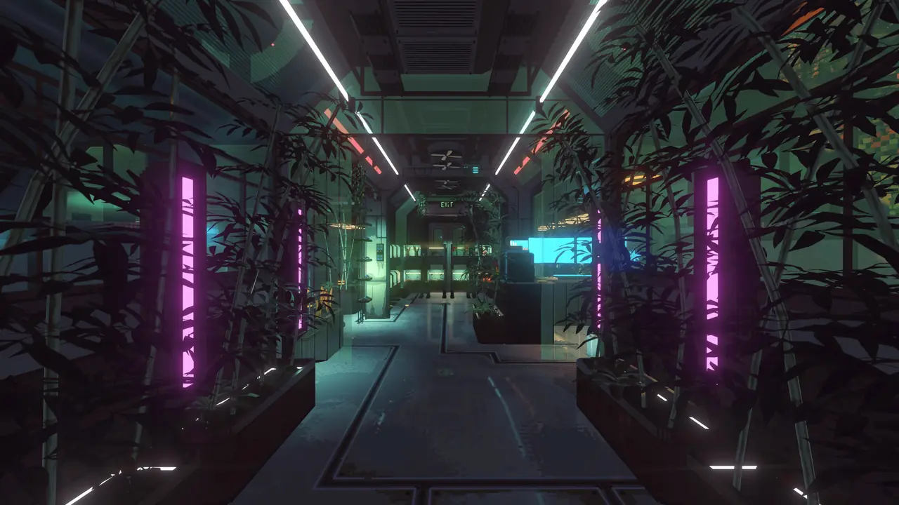Official art: plant-filled atrium corridor with magenta light strips