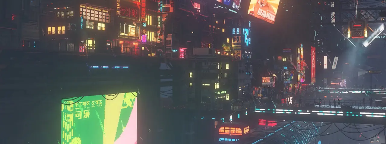 Official art: night city walkways stacked under giant neon billboards