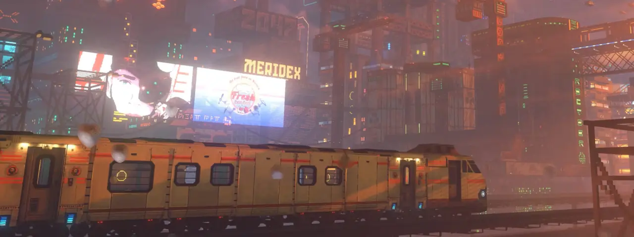 Official art: elevated train passing a MERIDEX billboard at sunset