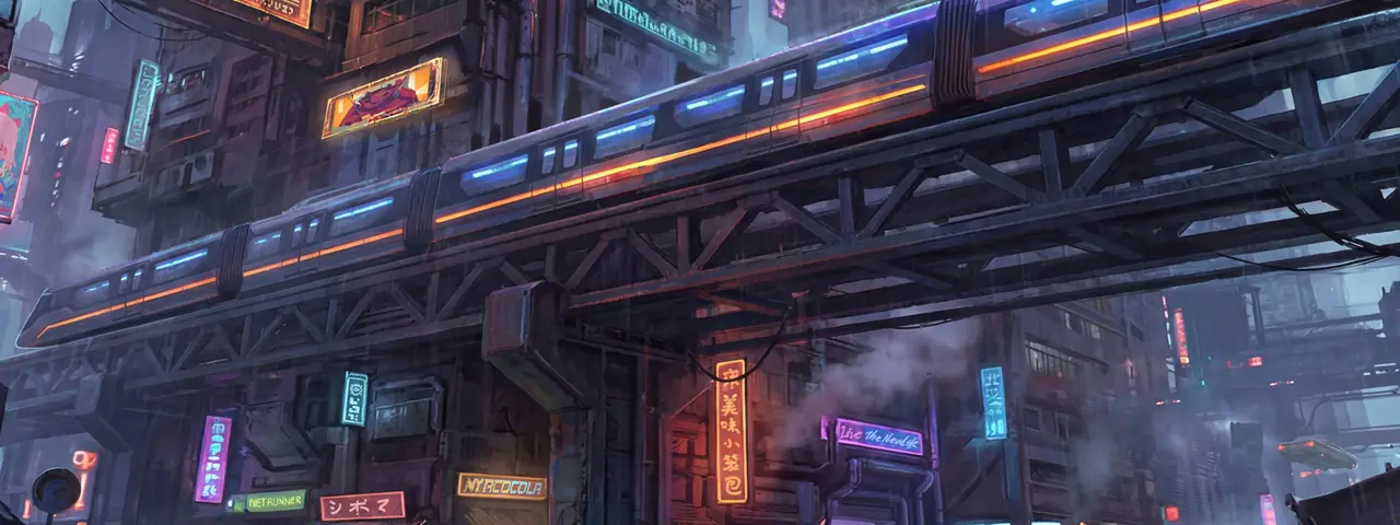 Official art: elevated monorail track cutting through a neon-lit street