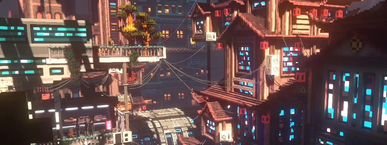 Official art: dense old-town rooftops layered with neon signage