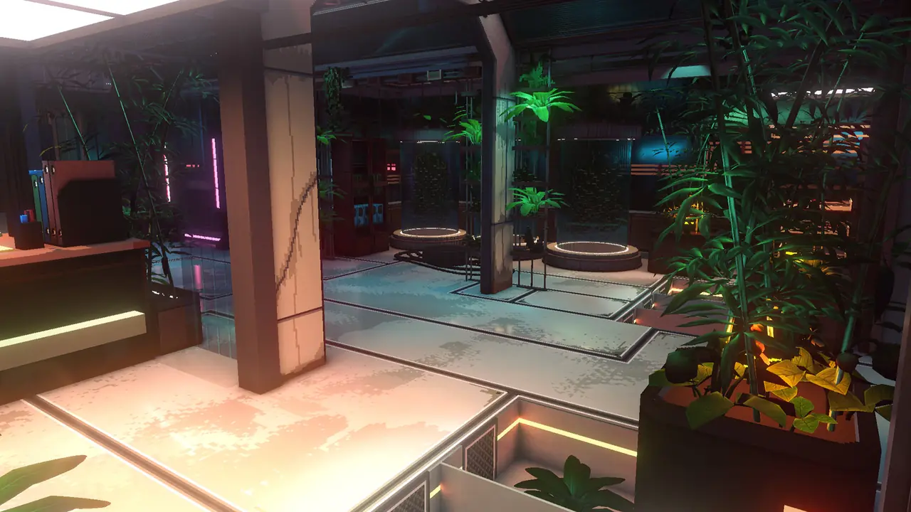 Official art: indoor atrium with planters and a glass floor