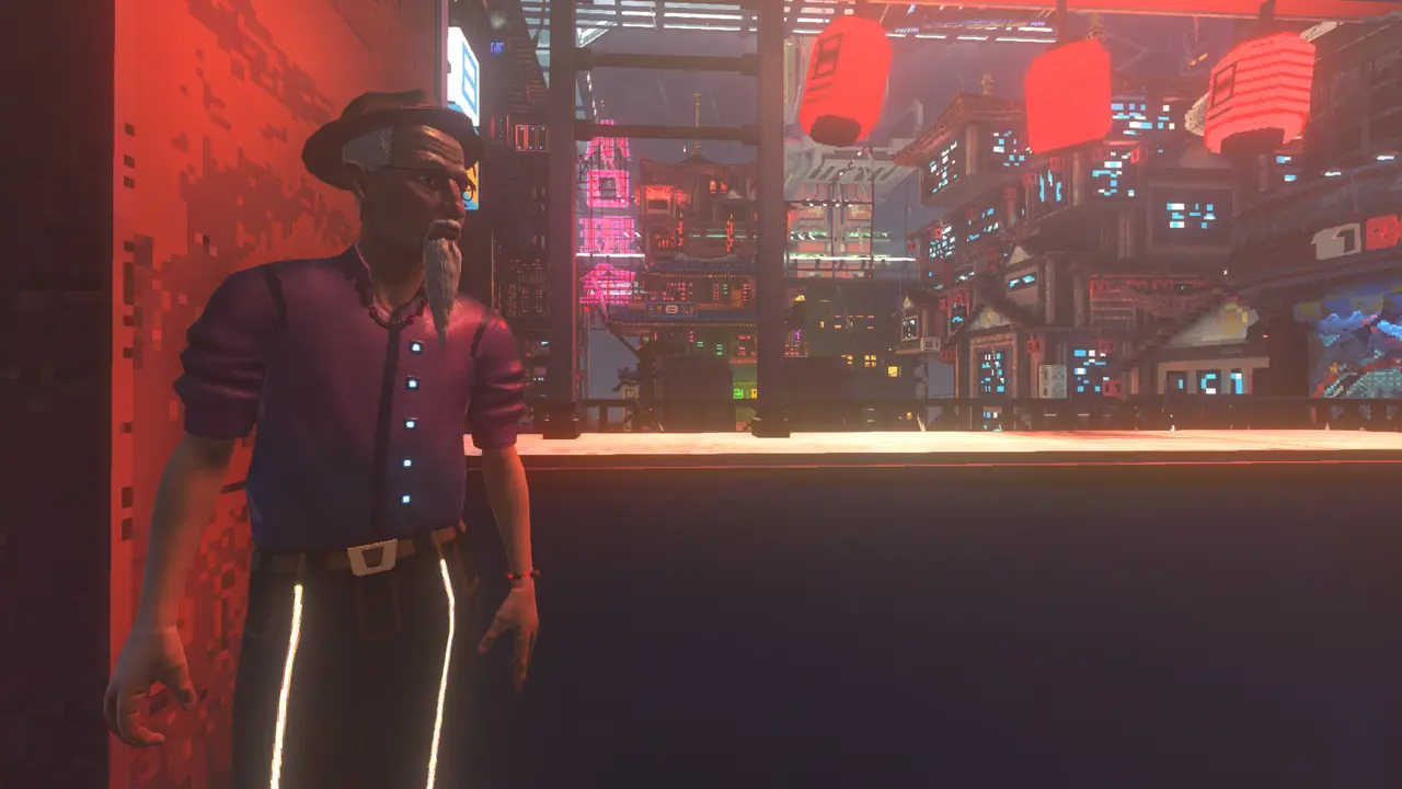 Official art: manager in a red cap behind a lantern-lit counter