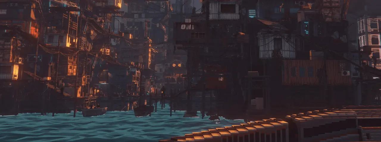 Official art: waterfront shacks and dark harbour water at dusk
