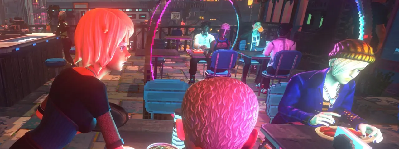 Official art: neon bar counter with two patrons under pink light